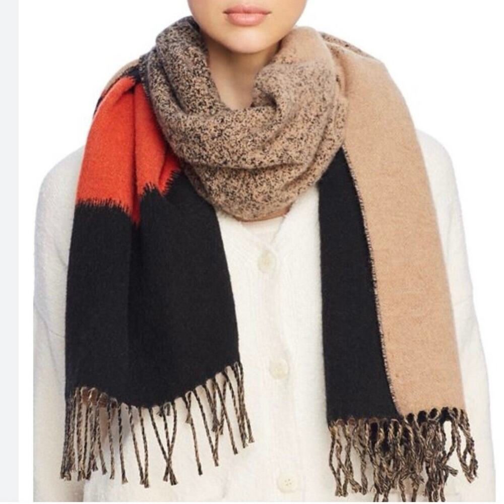 Eileen Fisher Degrade Wool Jacquard Color Block Fringe Scarf, Made In Italy soft